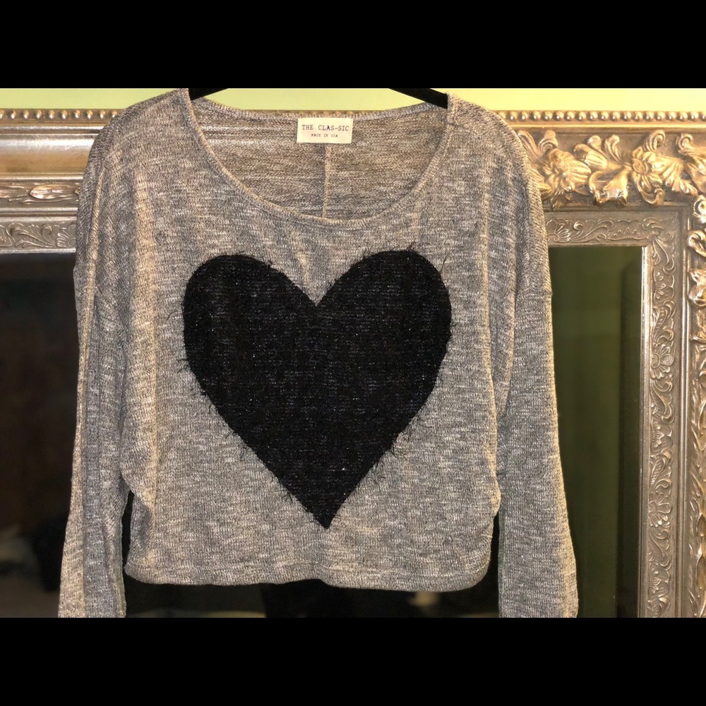 Sweater with black fuzzy heart